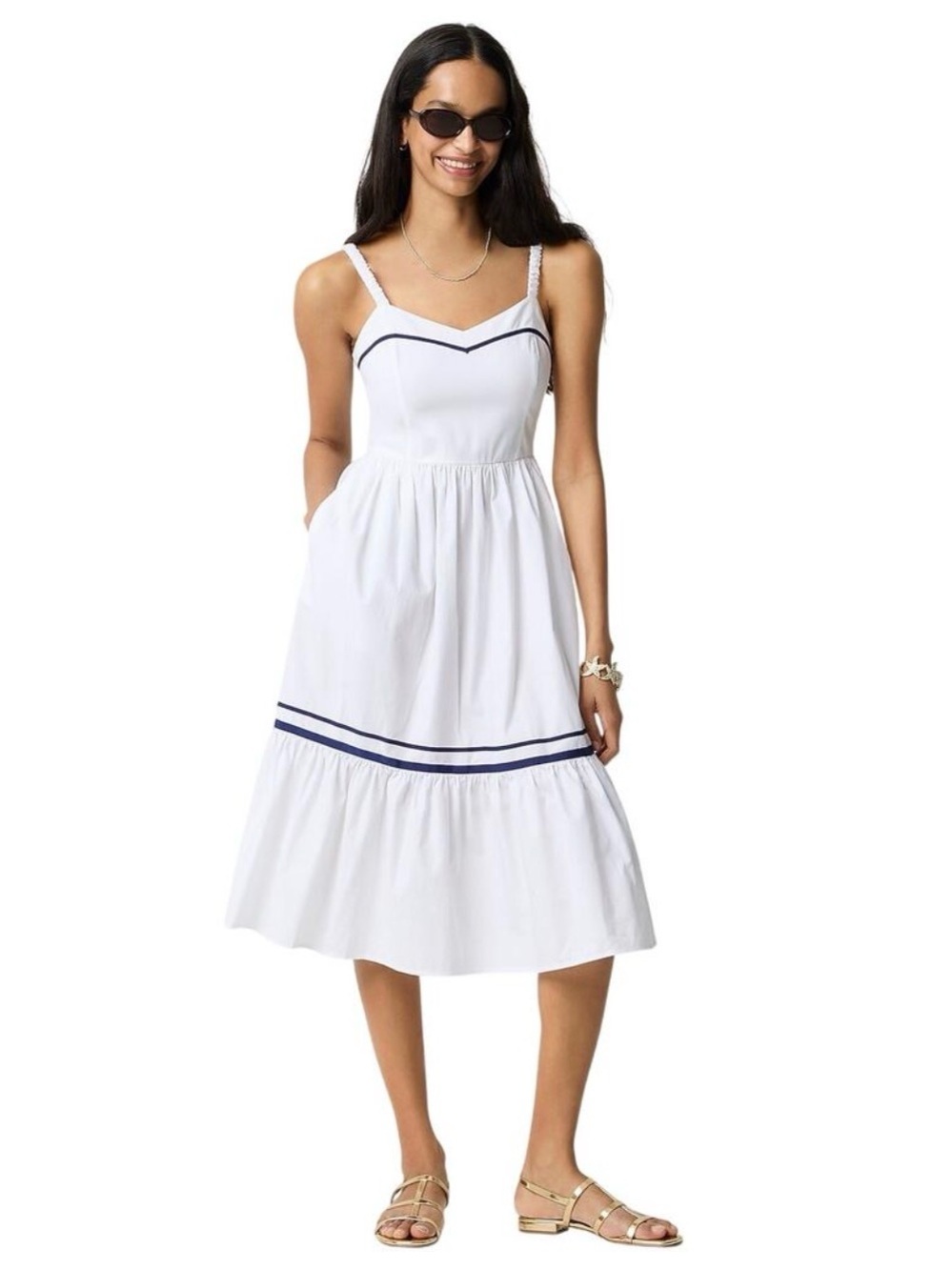 🌺I.Crew Corset Midi Dress with Navy Trim - Picture 2 of 7